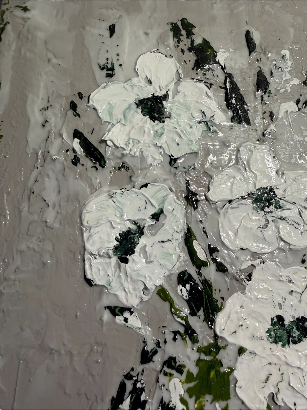 Original Artwork Blooms Textured White with Dark Green on Gray 16 x 20" - Picture 9 of 16
